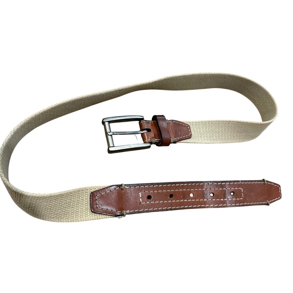 Vintage? Mens Fossil Beige Canvas Belt Silver-Tone Buckle Brown Leather -Size 34